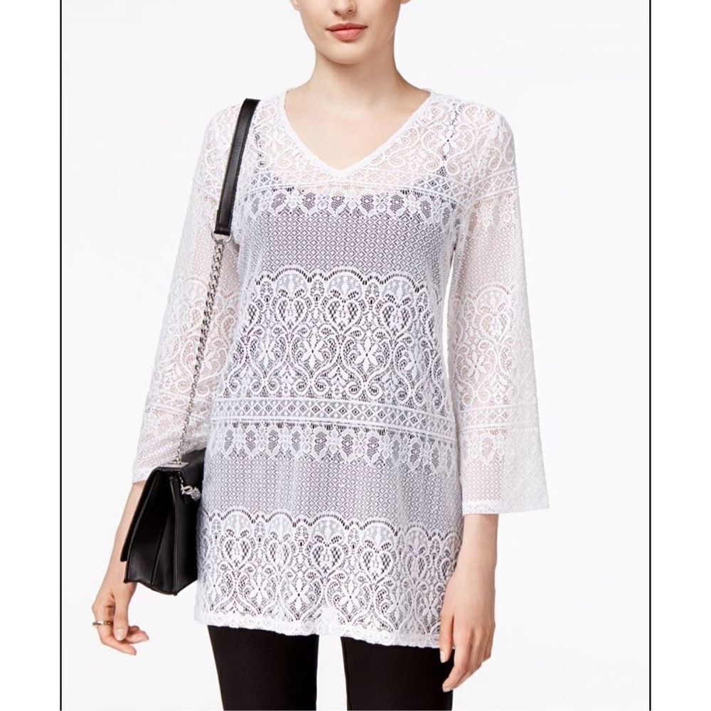 Alfani Women's Lace Sheer V-Neck Pullover Tunic Blouse Cream Size Medium